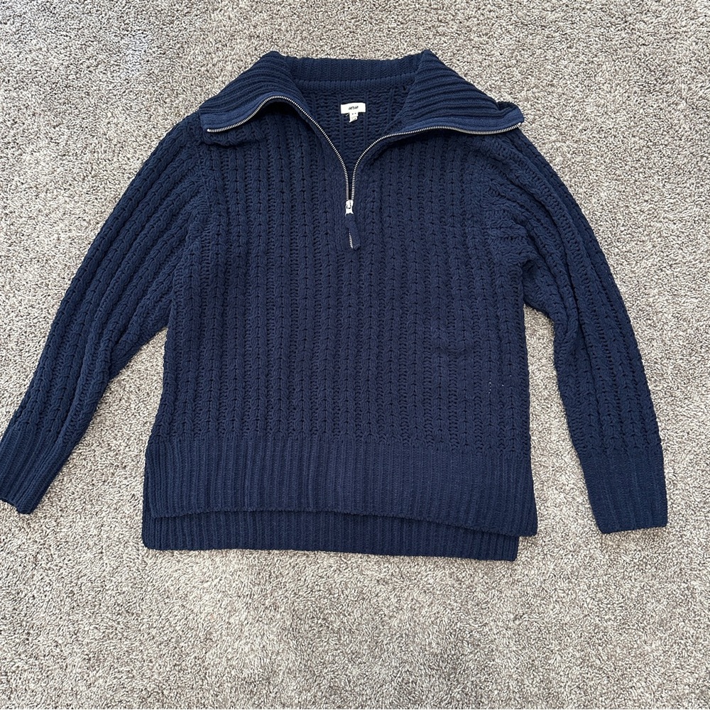 Blue Zip Up Sweater with Ribbed Collar and Textured Knit